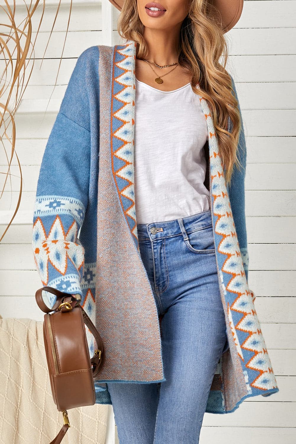 Geometric Open Front Long Sleeve Cardigan.