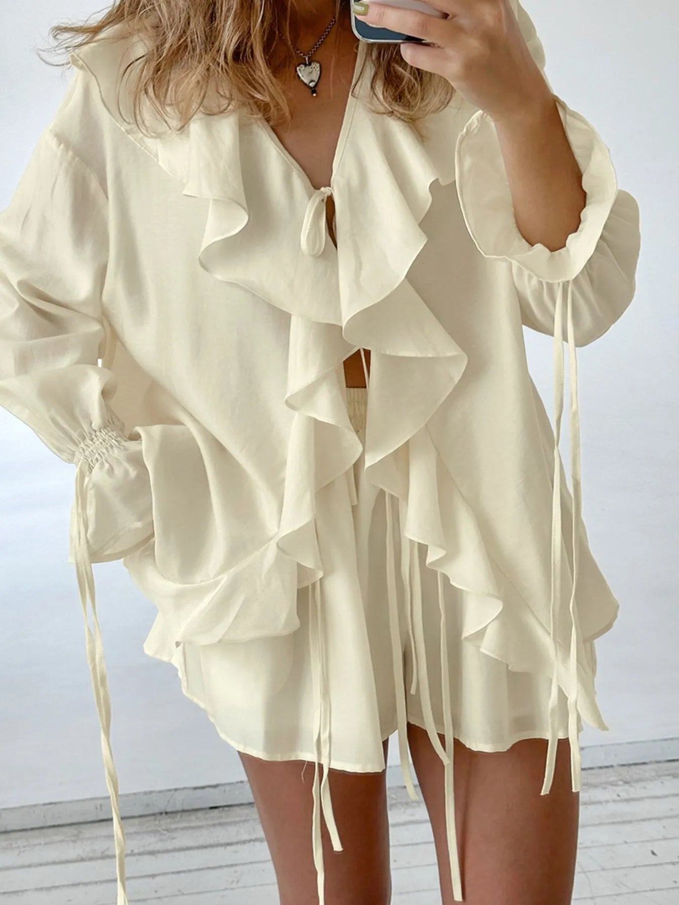 Ruffled V-Neck Top and Shorts Set