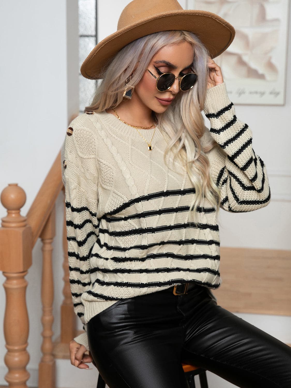 Striped Round Neck Cable-Knit Sweater.