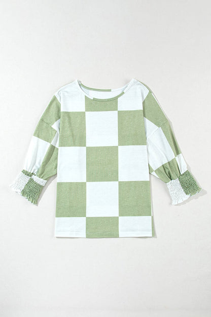 Checkered Round Neck Lantern Sleeve Top.