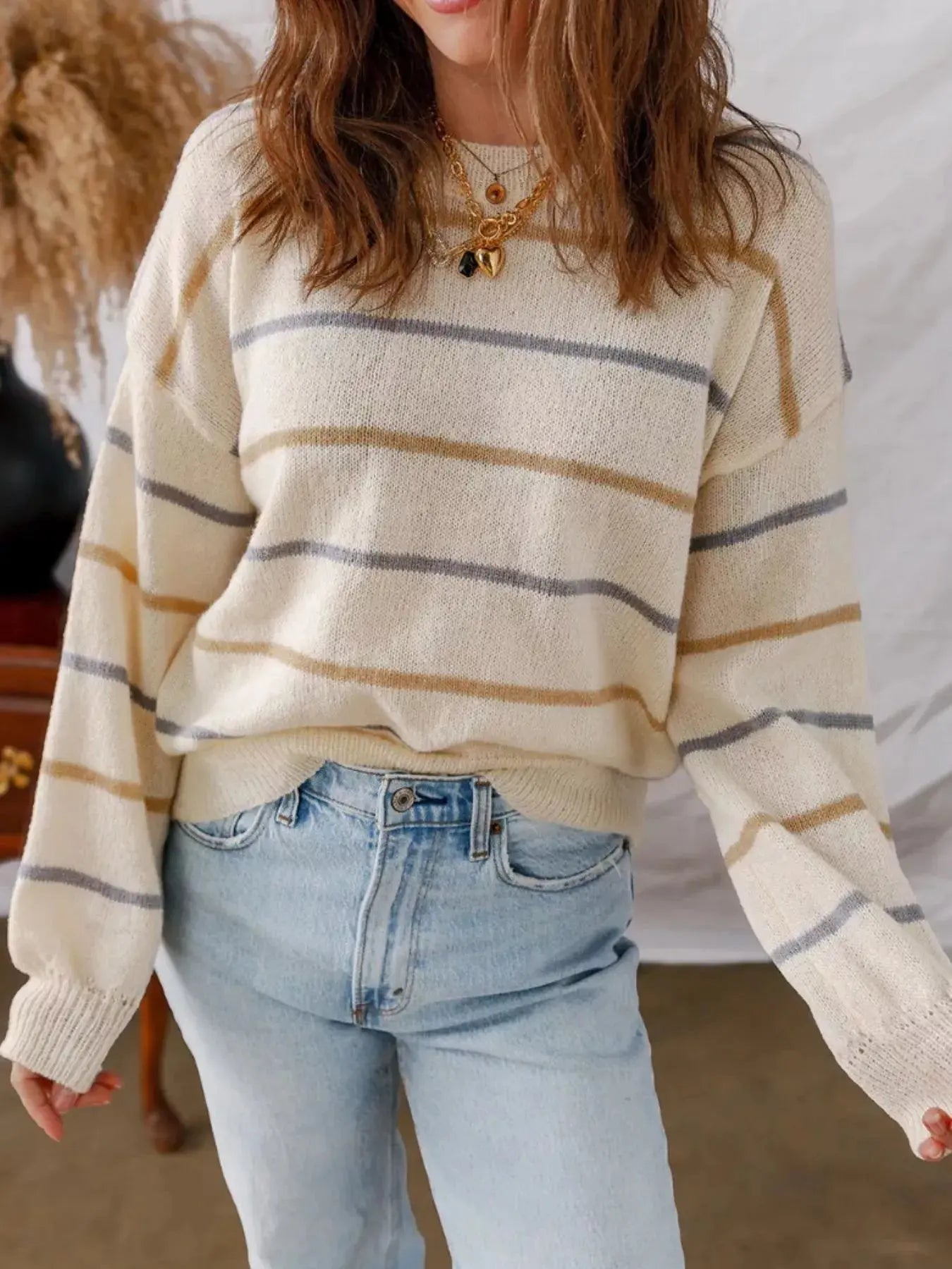 Striped Knit Round Neck Sweater Simply Love