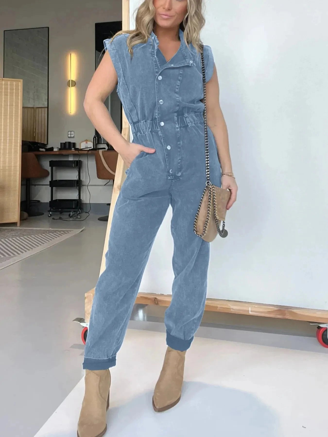 Full Size Button Front Cap Sleeve Denim Jumpsuit Plus Size Coco’s Tee Boutique