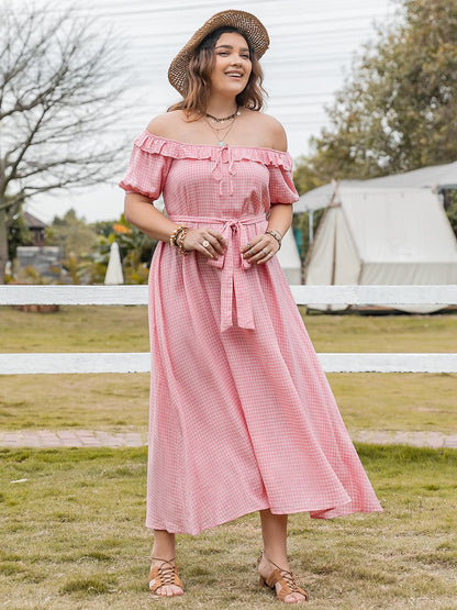 Plus Size Plaid Off-Shoulder Short Sleeve Midi Dress.