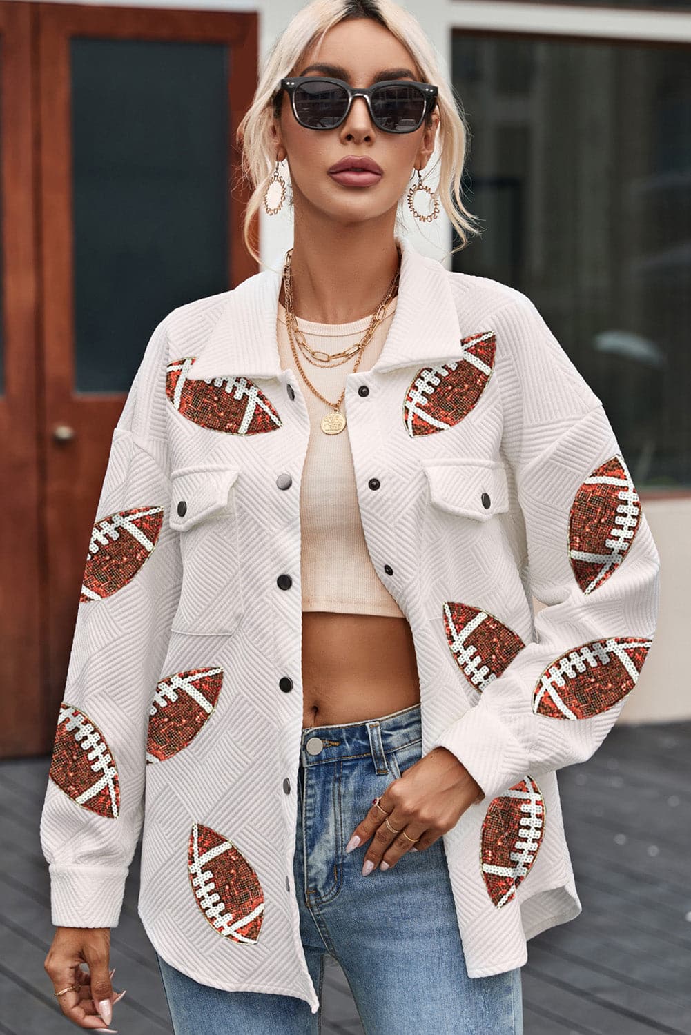 Sequin Football Patch Collared Neck Snap Button Jacket.