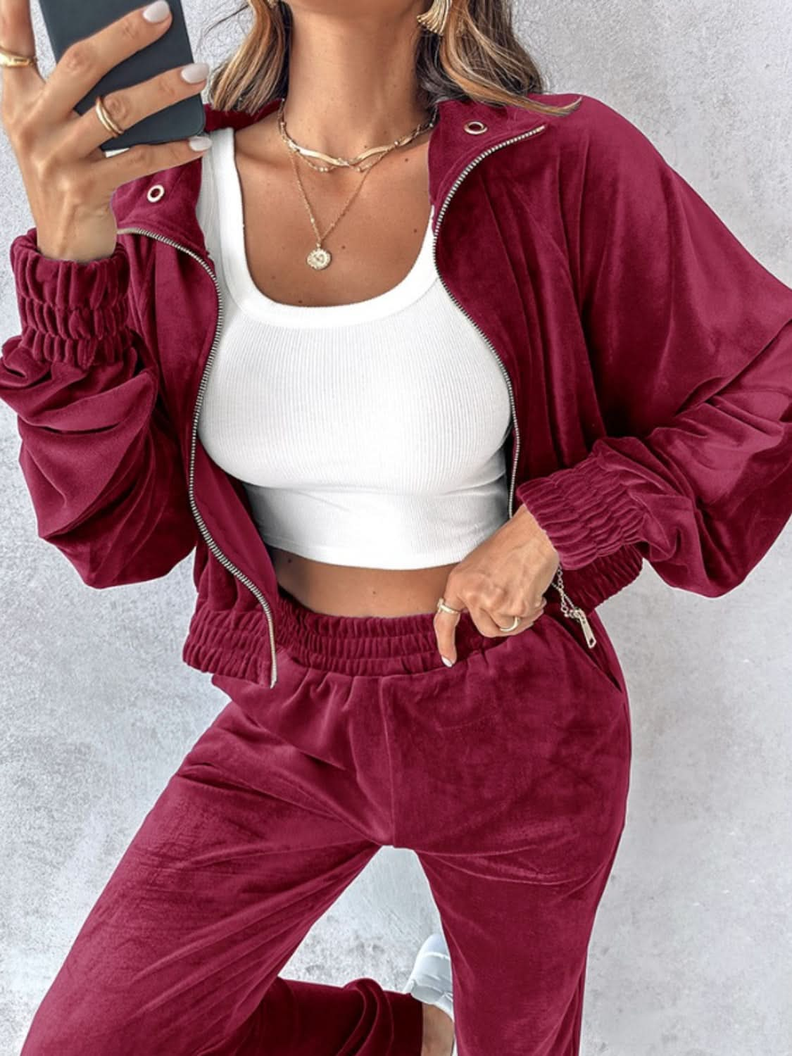 Cropped Zip-Up Long Sleeve Top and Jogger Set with Pockets