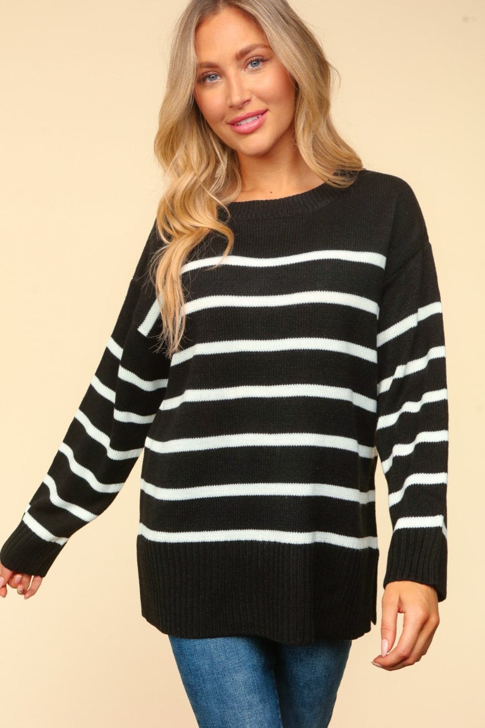 Striped side slit sweater with a modern twist