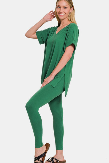 Plus size green V-neck lounge set with short sleeves and leggings.