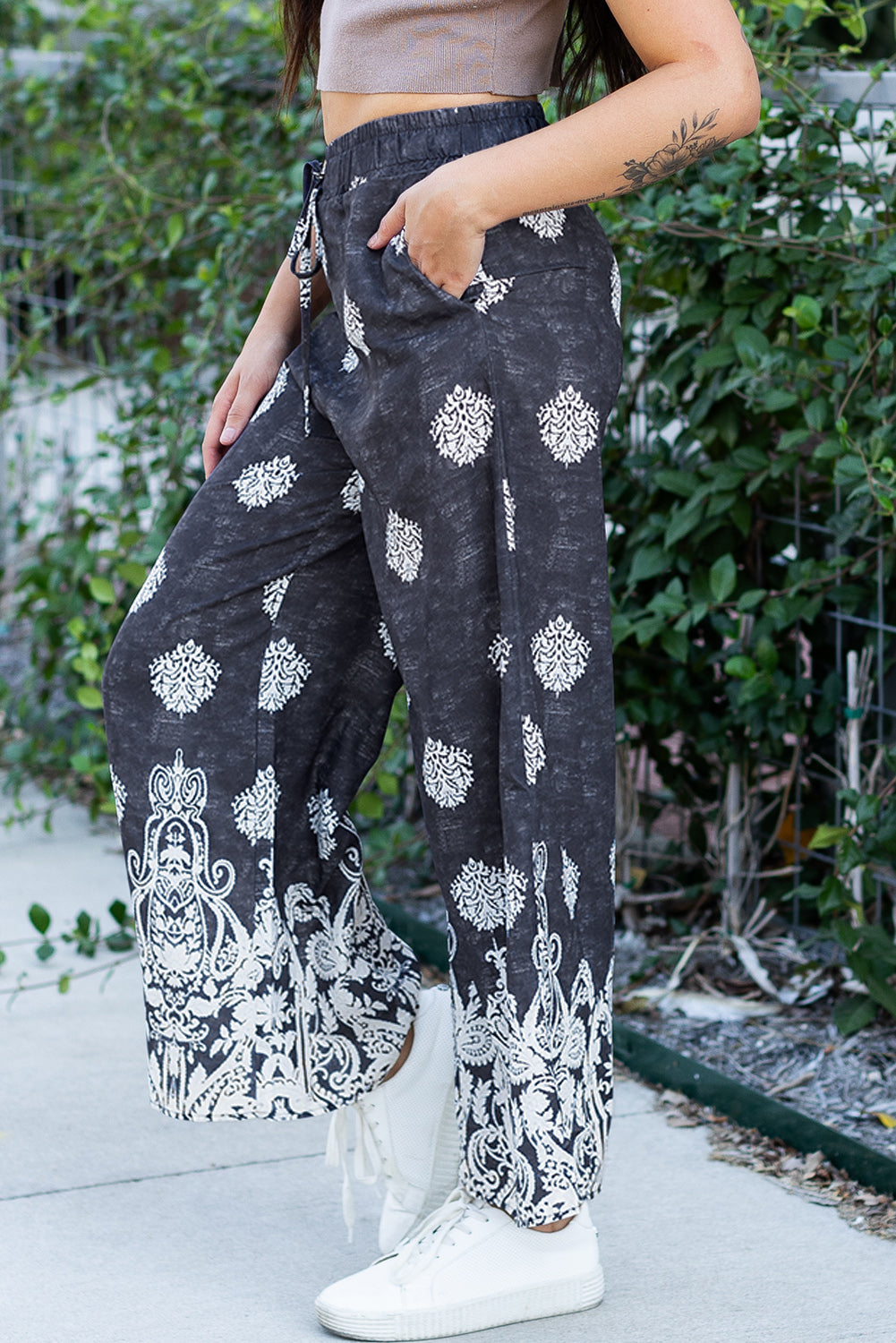 Boho black wide-leg trousers