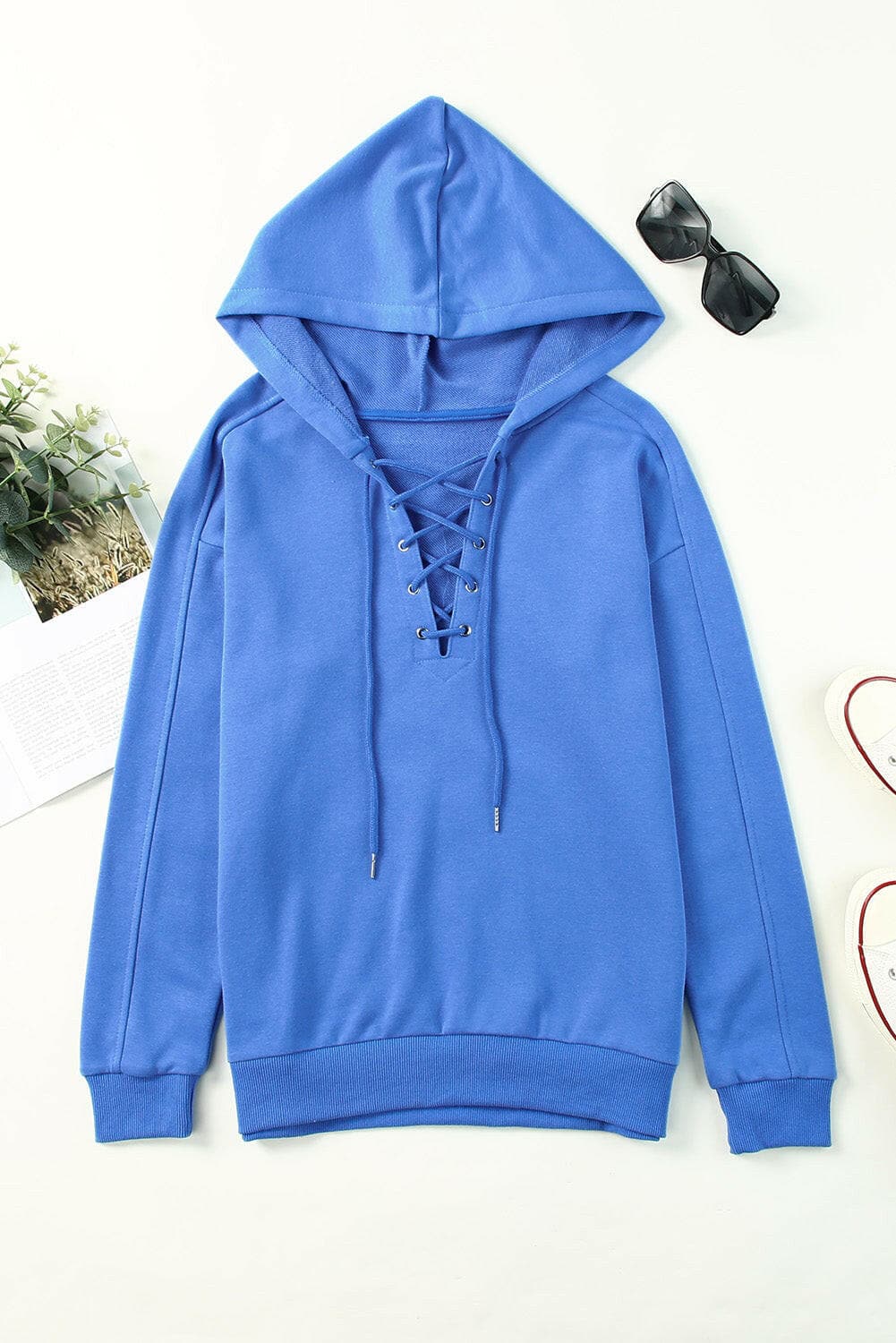 Lace-Up Dropped Shoulder Hoodie.