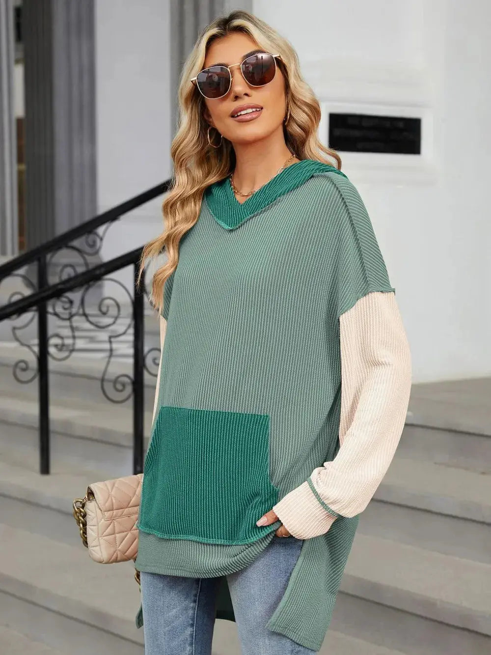 Double Take Contrast Hooded Long Sleeve Top - Love Salve