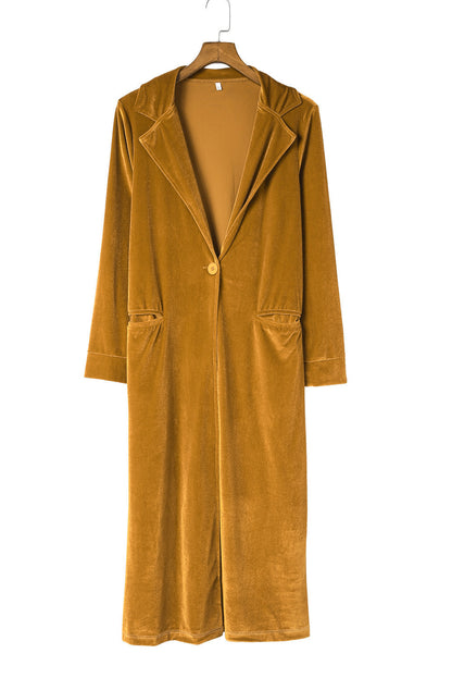 Chic yellow velvet long sleeve coat with practical pockets