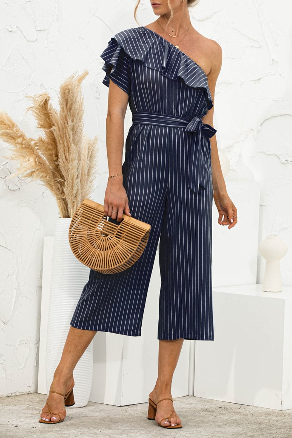 Ruffled Single Shoulder Tie Waist Jumpsuit.