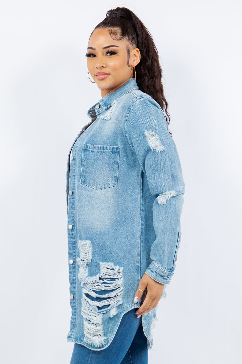 Stylish distressed denim jacket with button-up front