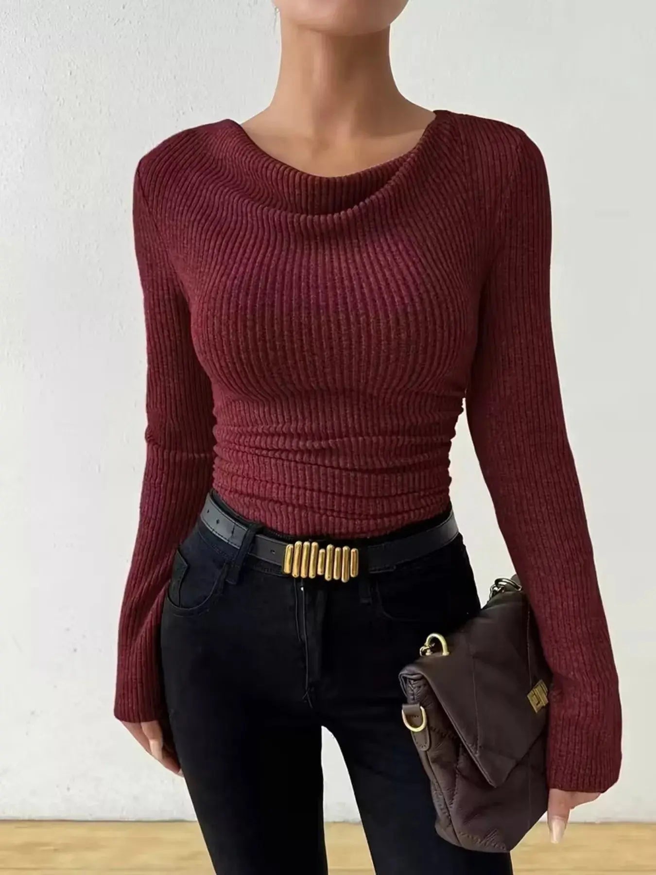 Cowl Neck Ribbed Long Sleeve Sweater Simply Love