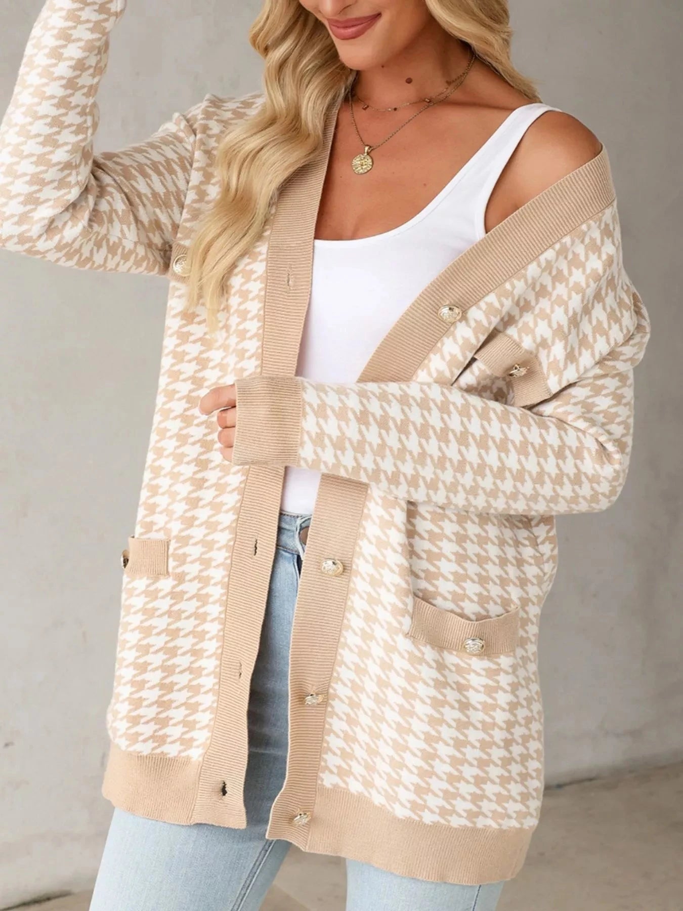 Contrast Edge Metal Button Slim Cardigan with Pockets Coco’s Tee Boutique