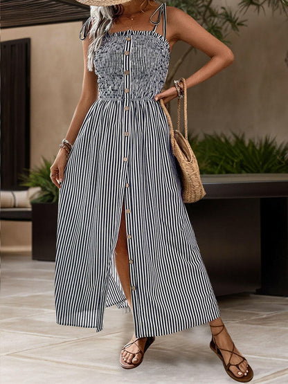 Tied Smocked Striped Sleeveless Midi Dress.