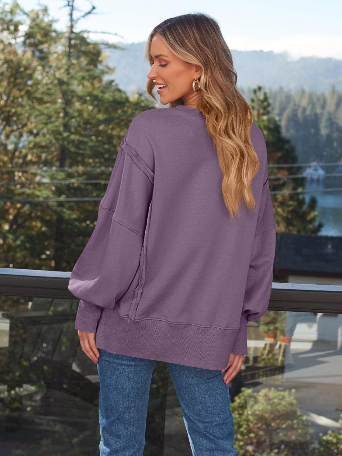 Slit Round Neck Long Sleeve Sweatshirt.