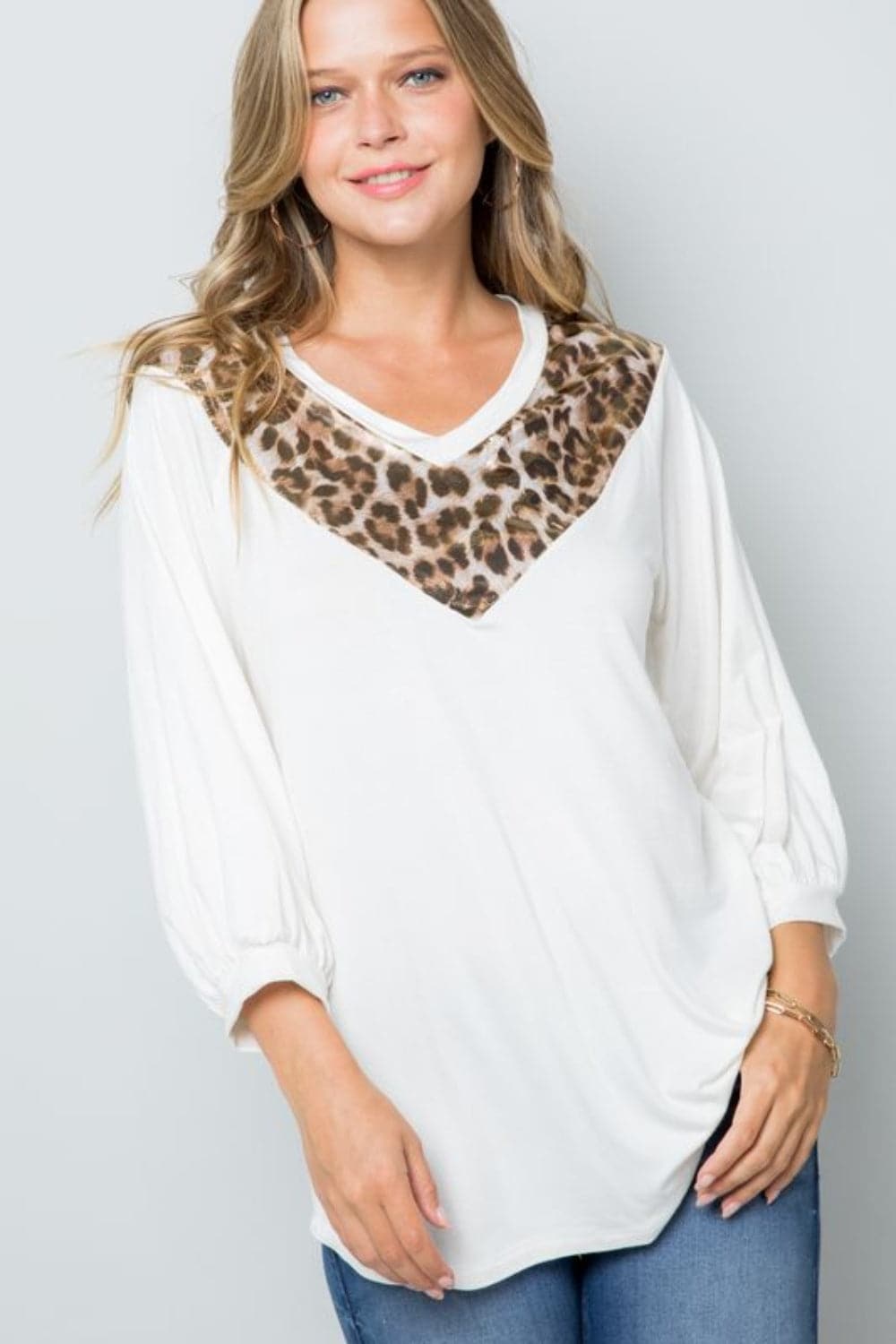 Celeste Full Size Leopard Contrast Balloon Sleeve Top.