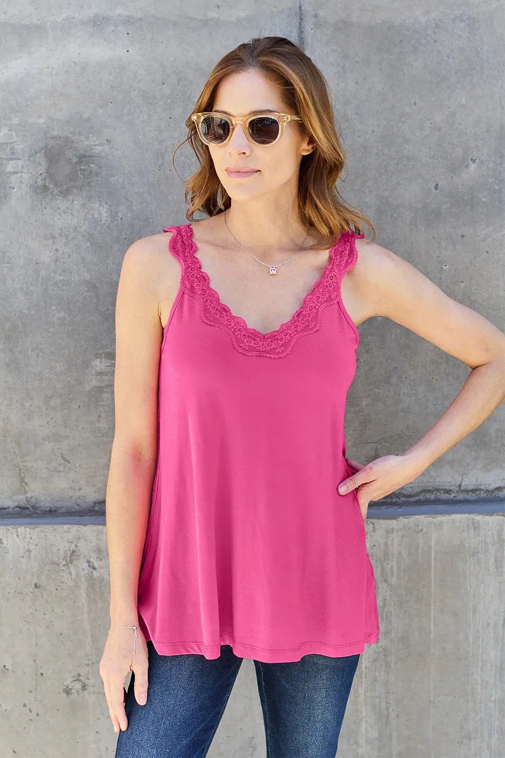 Basic Bae Full Size Lace Detail V-Neck Cutout Cami - Love Salve