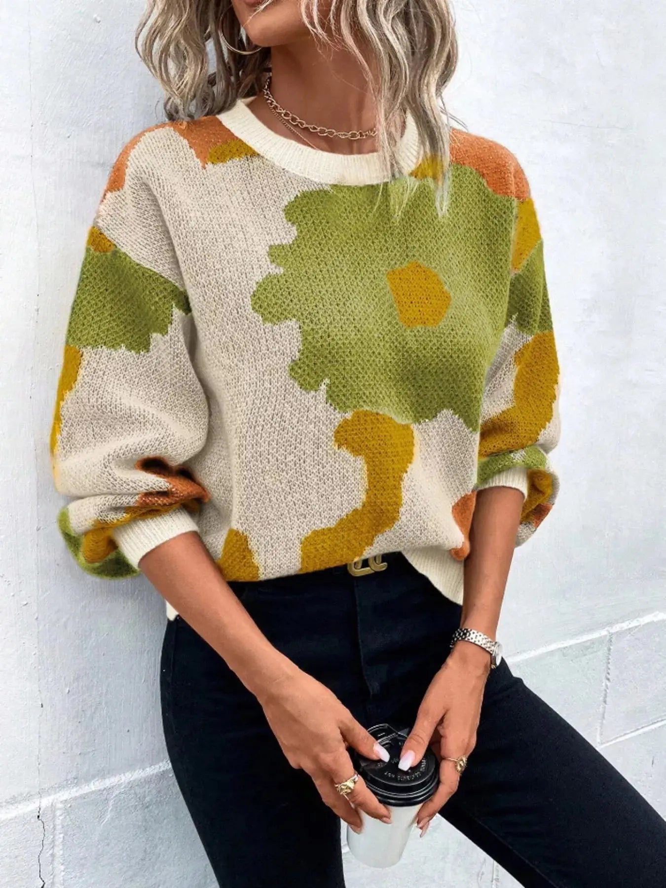 Floral Pattern Round Neck Sweater Simply Love