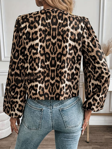 Leopard Print Tied Long Sleeve Round Neck Blouse