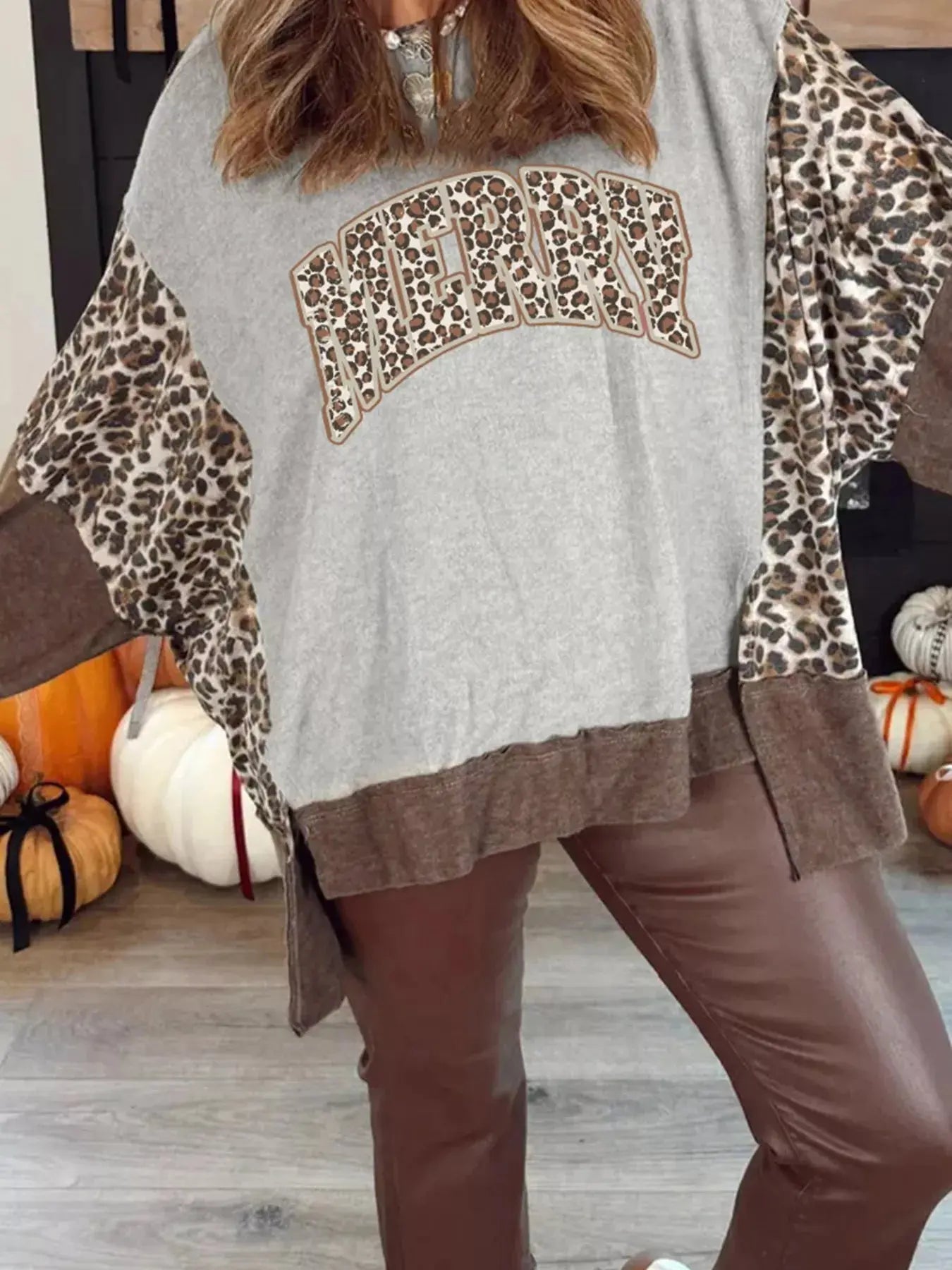 Color Block Leopard Contrast Letter Graphic Christmas Sweatshirt Simply Love
