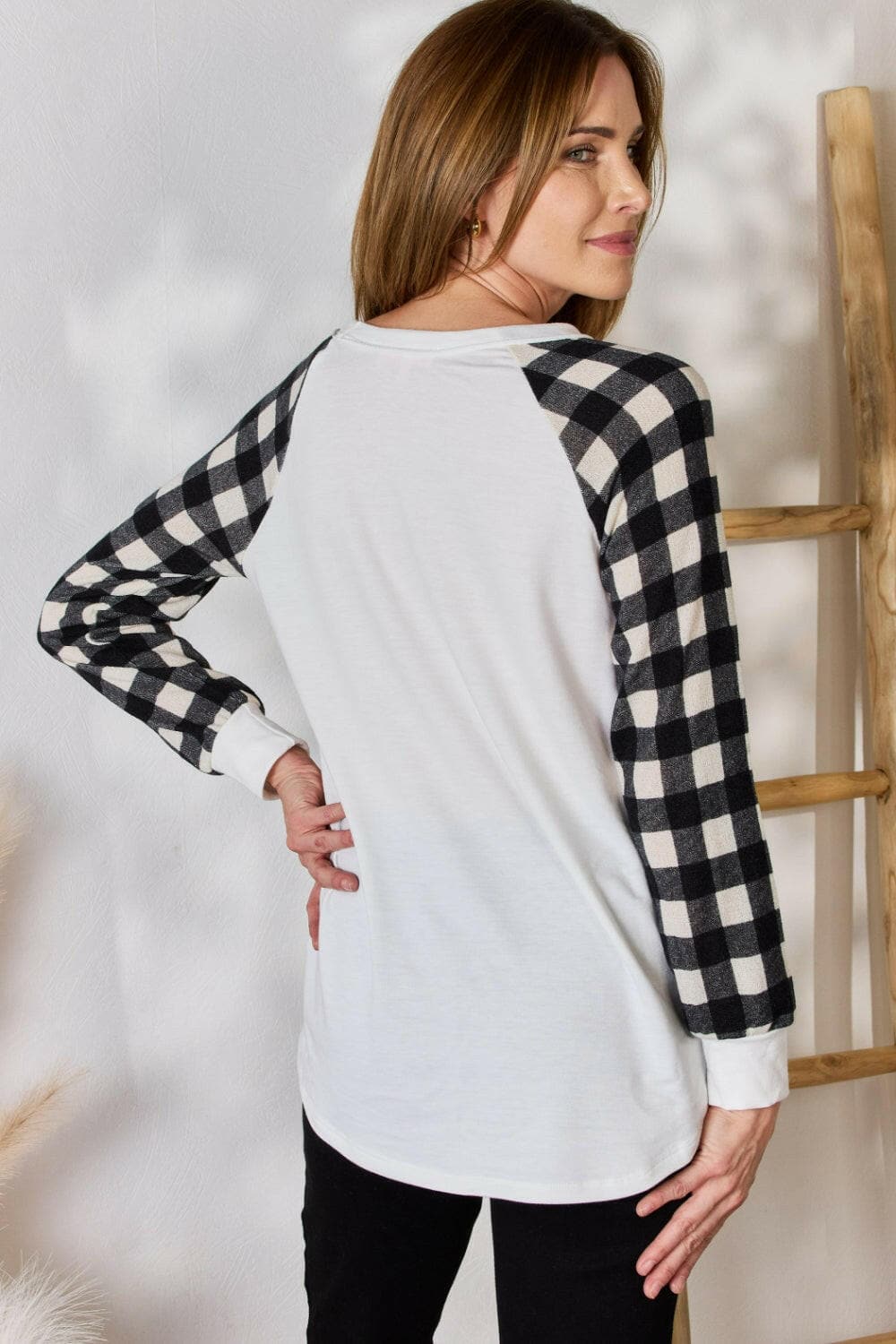 Hailey & Co Full Size Plaid Raglan Sleeve Round Neck BlouseUpgrade Your Style with Hailey &amp; Co Plaid Raglan Sleeve Blouse
 Revamp your wardrobe with our Full Size Plaid Raglan Sleeve Round Neck Blouse by Hailey &amp; Co.Love Salve Full Size Plaid Raglan Sleeve Round Neck BlouseBlouses