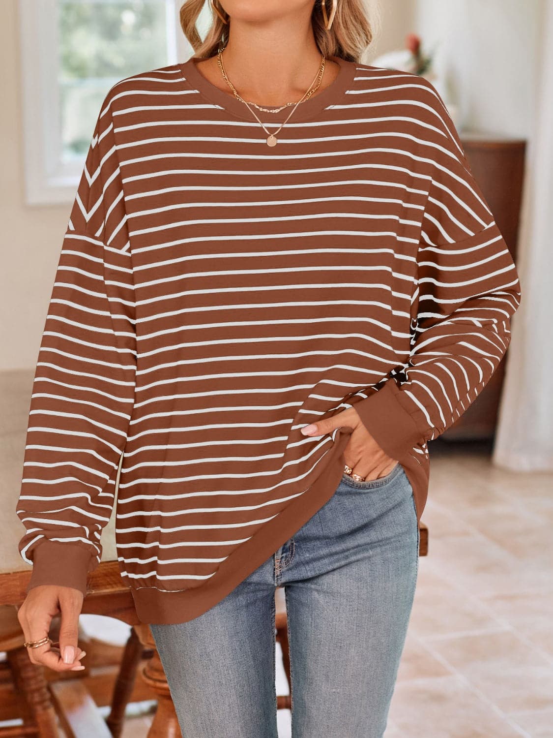 Cozy striped long sleeve crewneck sweatshirt