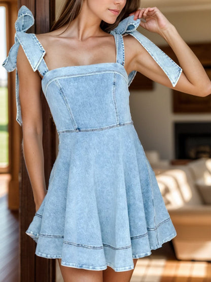 Tie-shoulder denim dress with square neckline