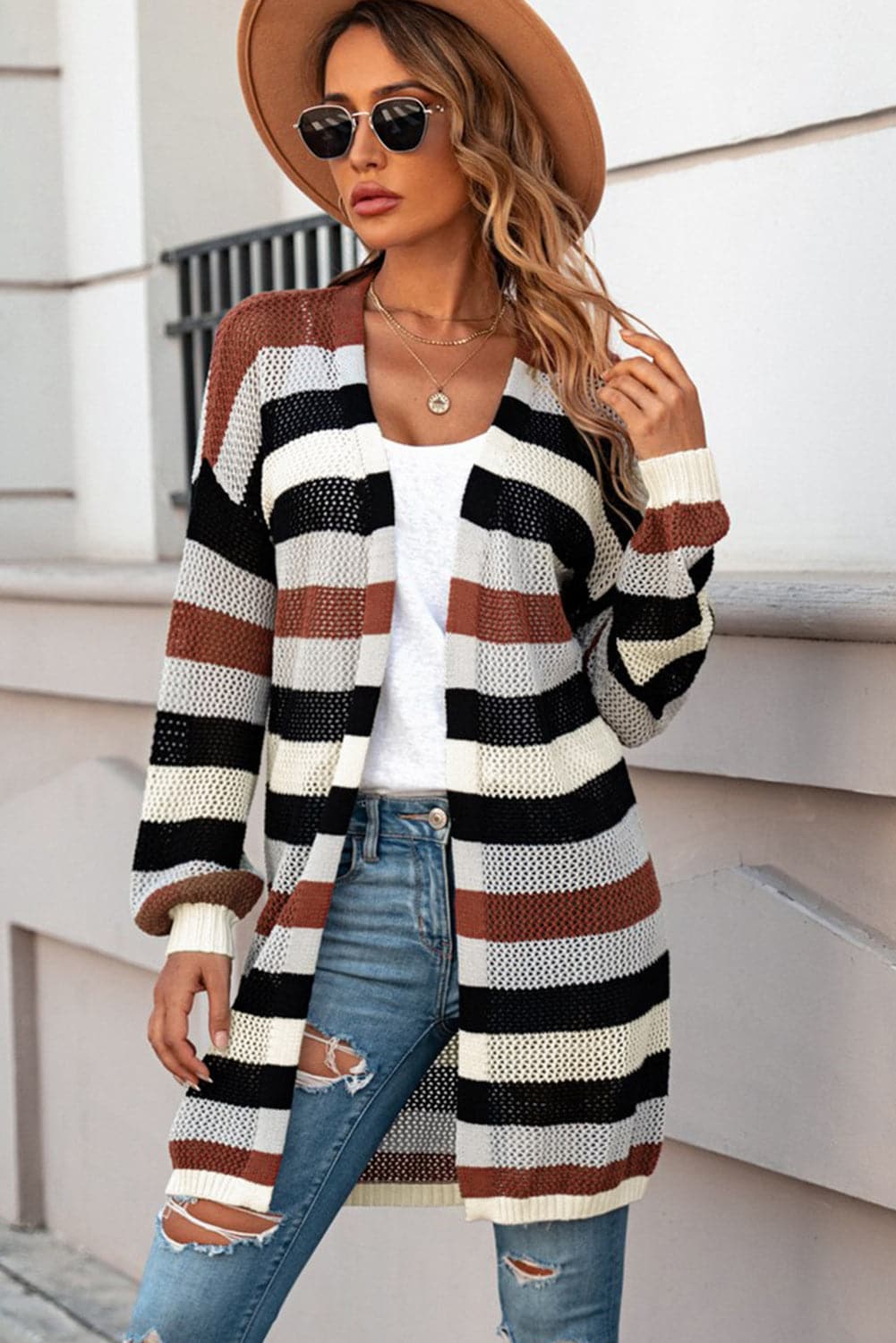 Full Size Striped Long Sleeve Openwork Cardigan.