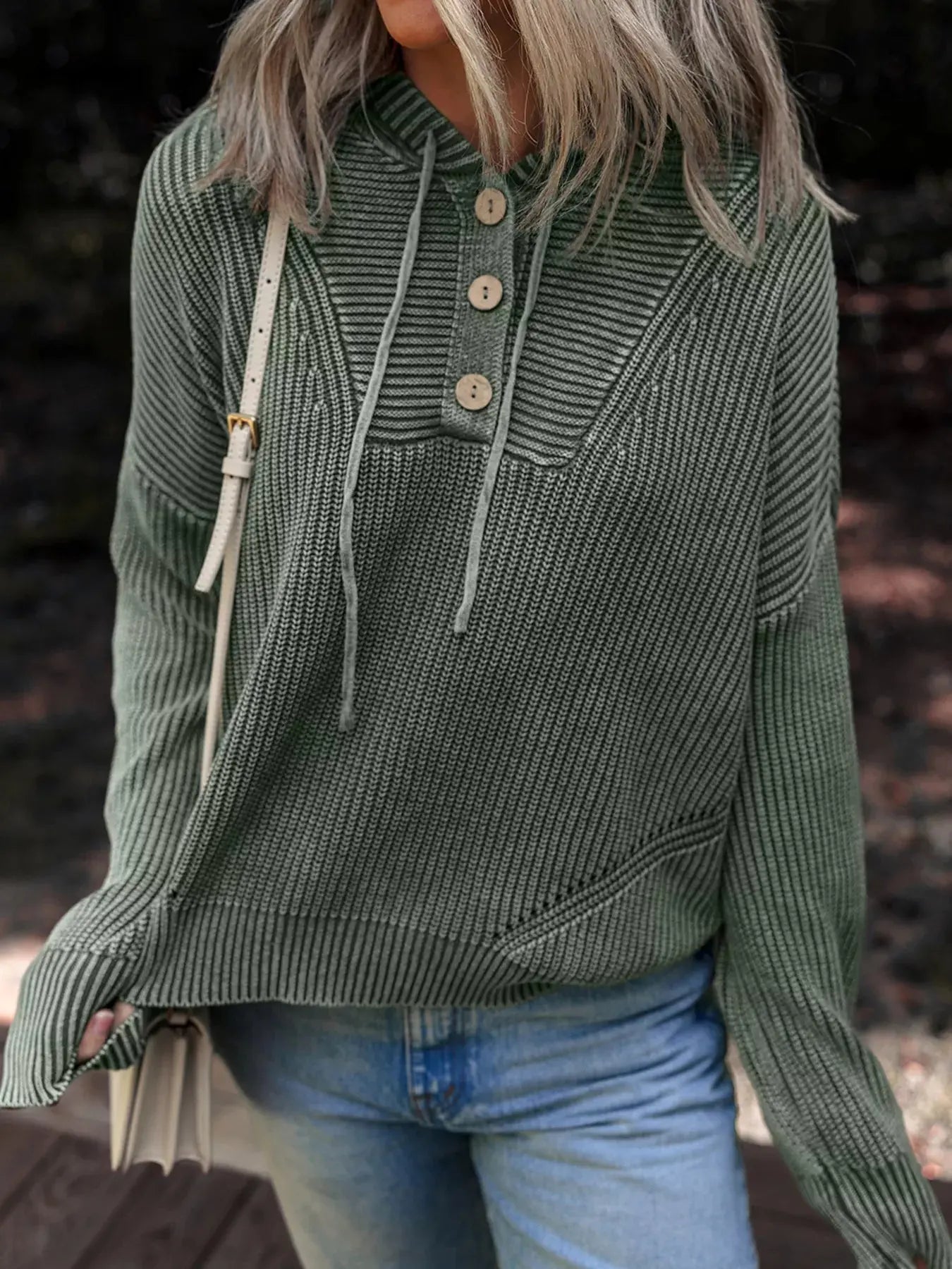 Mineral Wash Ribbed Knit Button Drawstring Neck Hooded Sweater Simply Love