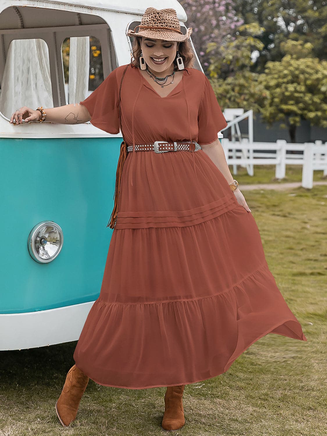 Plus Size Tie Neck Flutter Sleeve Midi Dress.