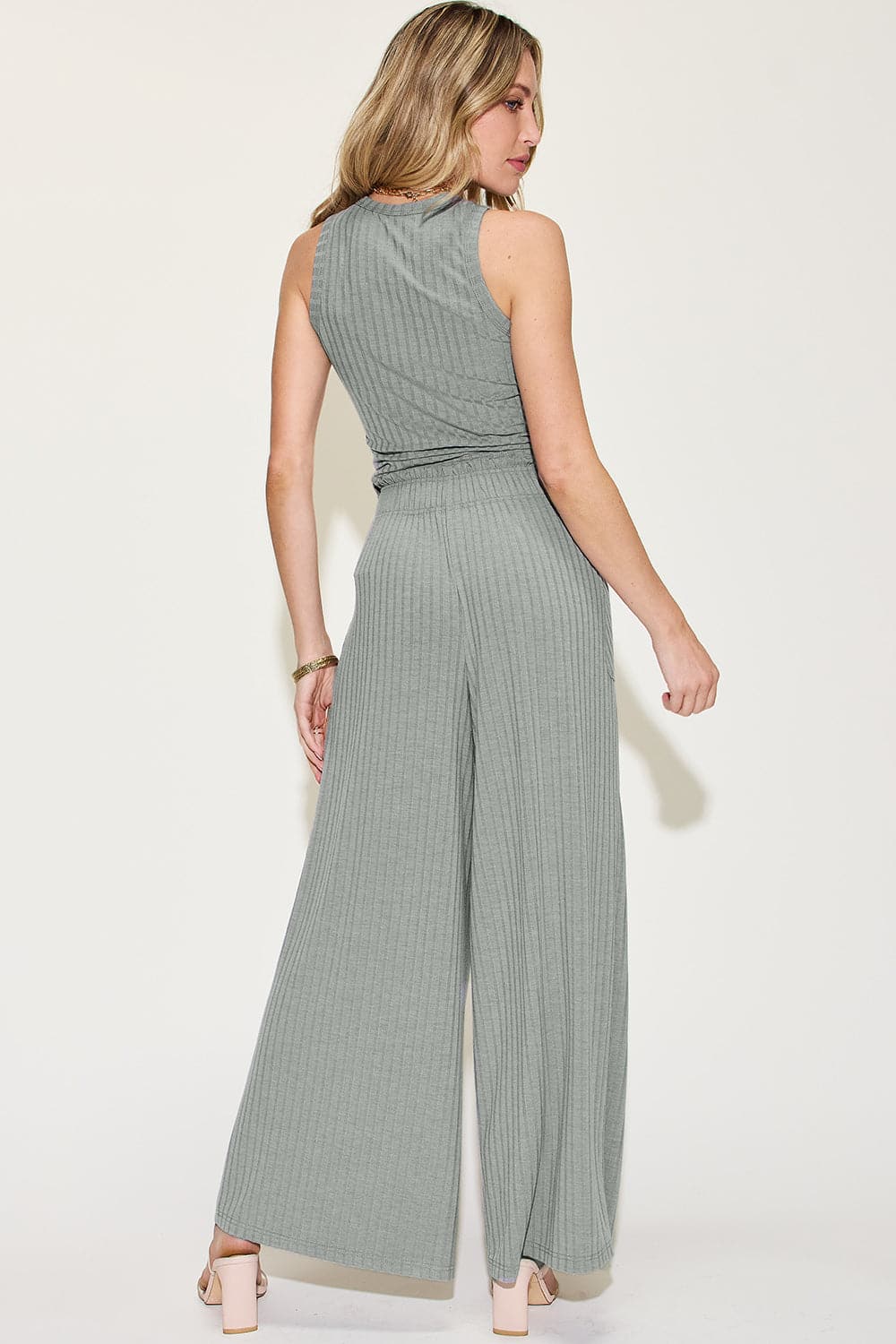 Basic Bae Full Size Ribbed Tank and Wide Leg Pants Set.