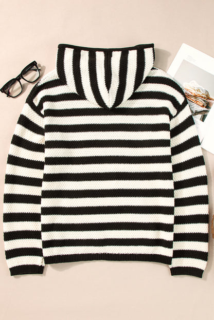 Striped Hooded V-Neck Sweater with Pocket Detail