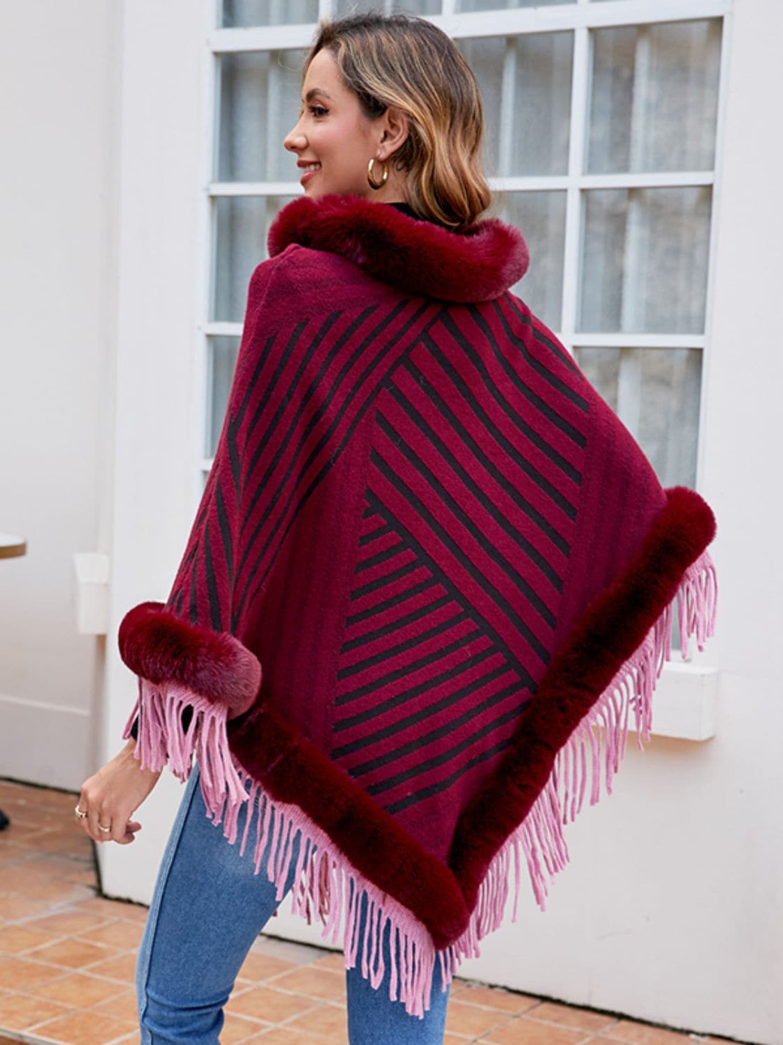 Striped Fringe Hem Poncho.