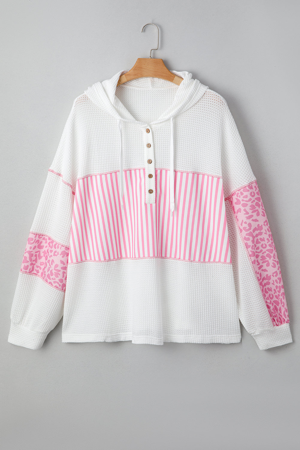 Pink Stripe Leopard Patchwork Hoodie Waffle Knit Plus Size Dear-Lover Dropshipping