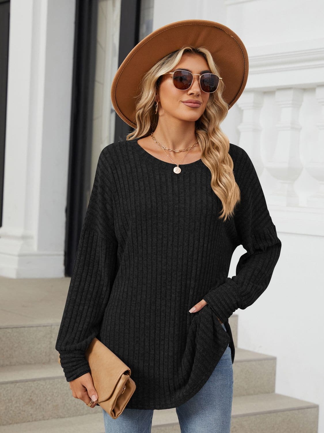 Ribbed Round Neck Long Sleeve T-Shirt.