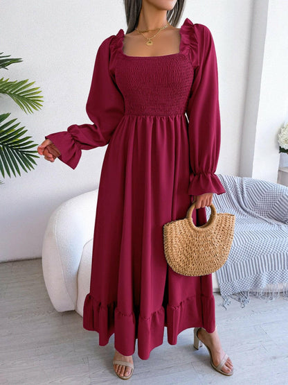 Smocked Square Neck Flounce Sleeve Dress.