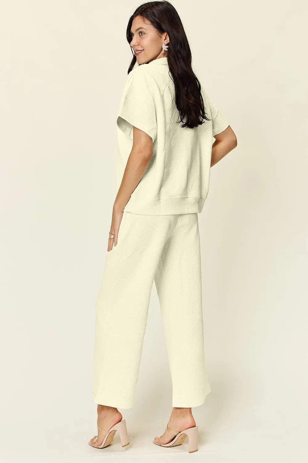 Double Take Full Size Texture Half Zip Short Sleeve Top and Pants Set - Love Salve