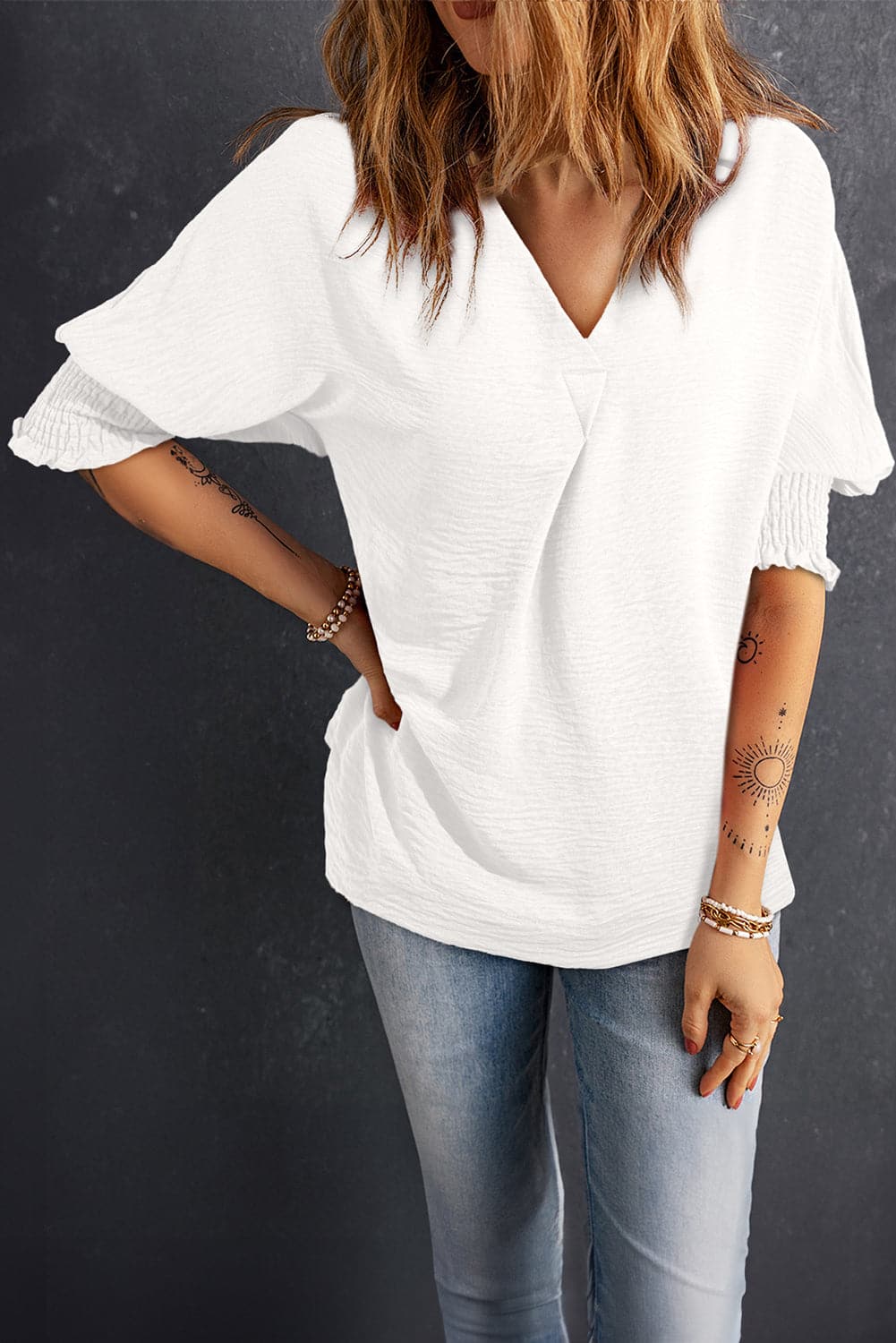 Smocked Johnny Collar Half Sleeve Blouse.