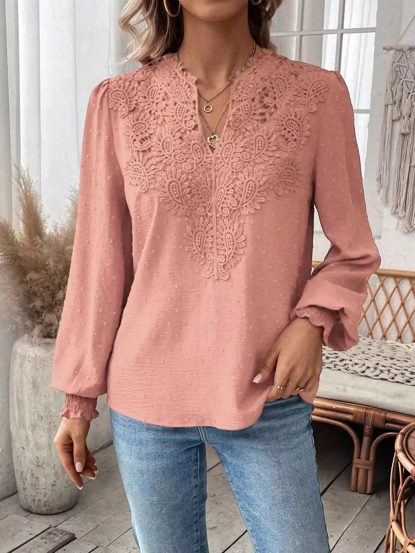 Lace Trim Long Sleeve Blouse Simply Love