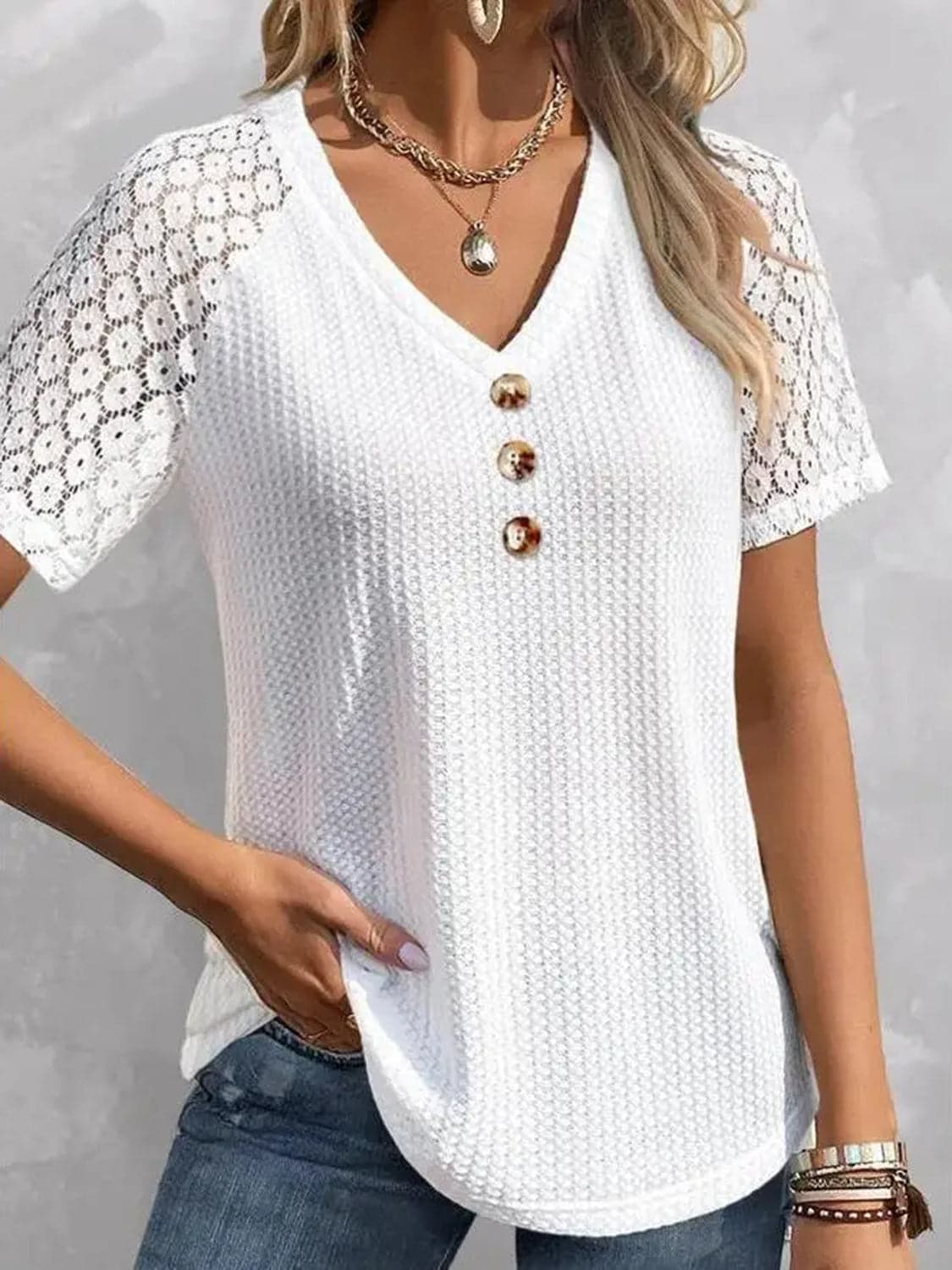 Waffle-Knit V-Neck Short Sleeve Top.