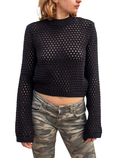 Chic long sleeve knit top - openwork design