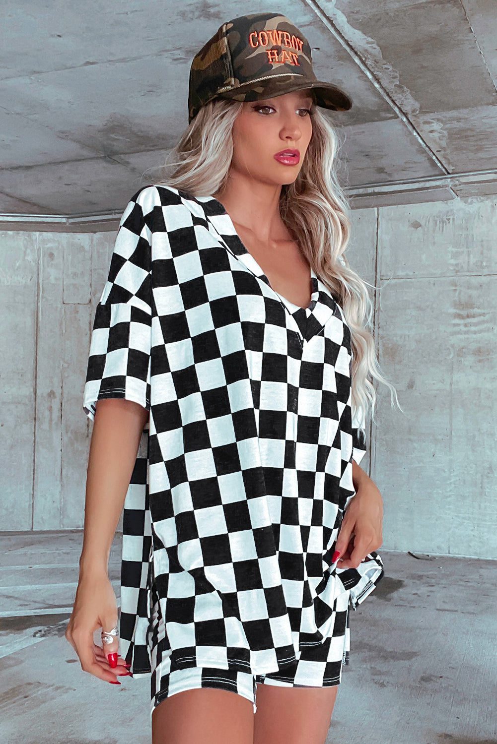 Black Checkerboard Print V Neck Loose Tee and Shorts Set