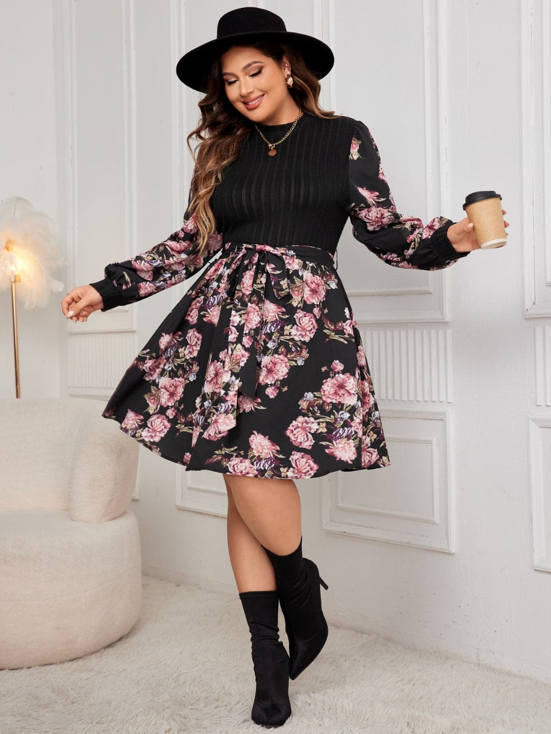 Plus Size Tied Printed Long Sleeve Dress.