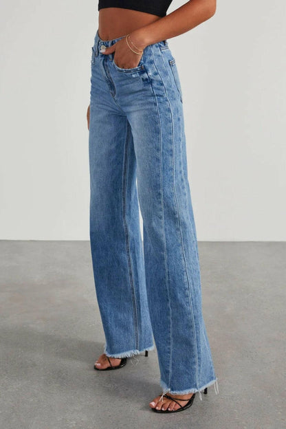 Raw Hem Wide Leg Jeans with Pockets.