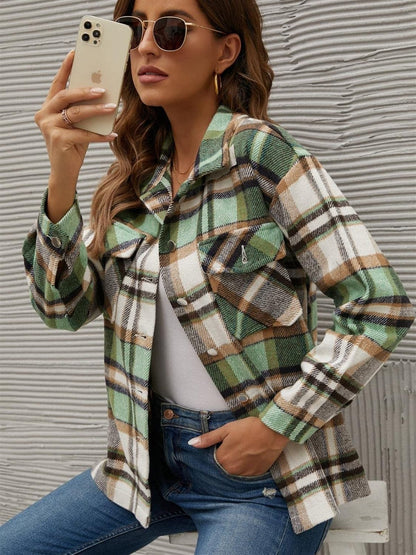 Chic plaid long sleeve jacket with pockets