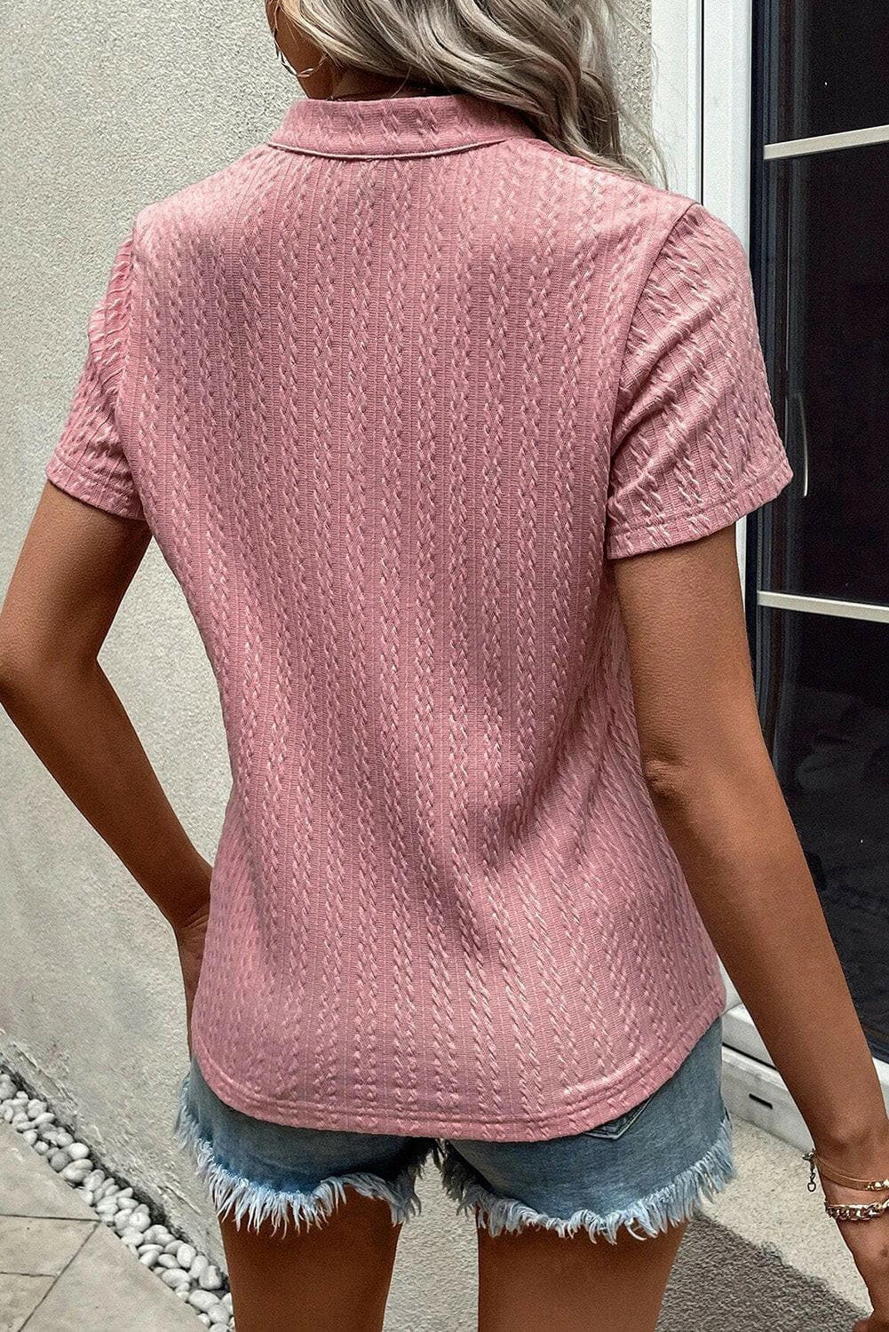 Textured Notched Short Sleeve T-Shirt.