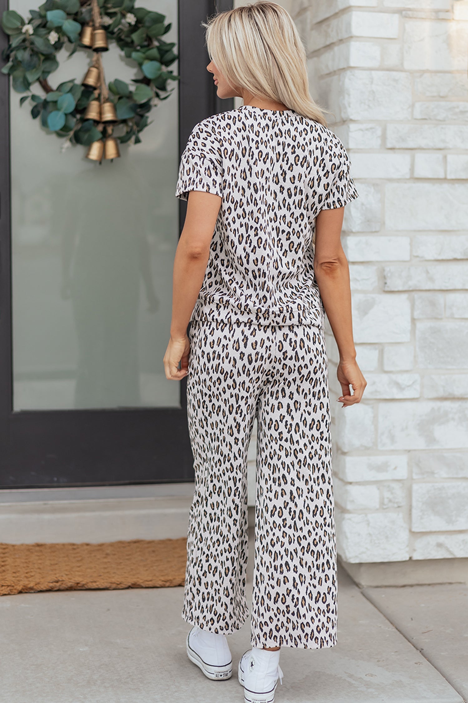 Dear-Lover Beige Leopard Print Pant Set, a comfortable and chic summer casual outfit with wide-leg pants.