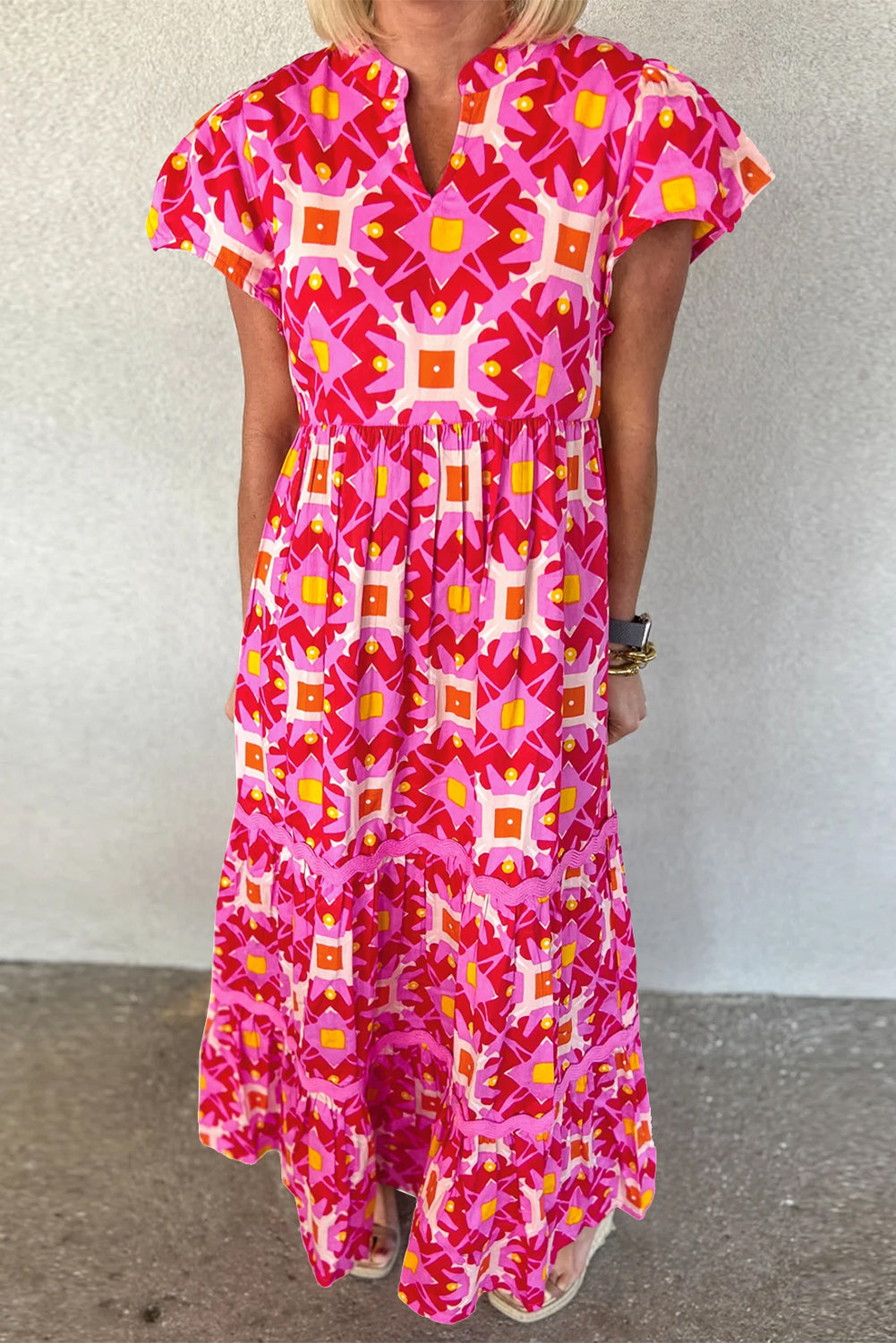 Strawberry pink geo print maxi dress